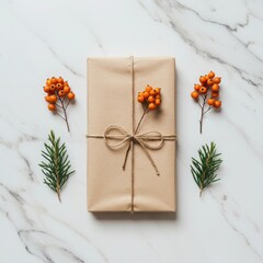 Rustic brown paper gift box tied with twine and decorated with berries and pine sprigs isolated on white background