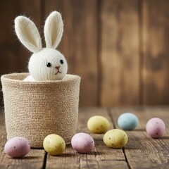 A knitted white easter bunny peeking out of a basket with colorful eggs isolated on white background