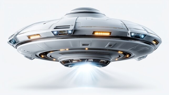 Mysterious silver UFO spaceship hovering with glowing lights and futuristic alien design isolated on white background for sci fi concepts, Generative AI