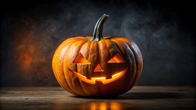 Illuminated jackolantern on a wooden surface with a smoky background for halloween