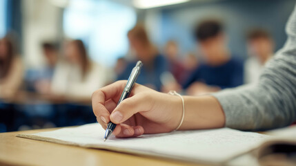 Individual is writing notes in a classroom setting, showcasing concentration and engagement with peers in the background