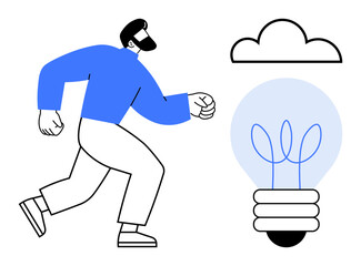 Man in motion approaching cloud and illuminated light bulb with a sprout. Ideal for innovation, creativity, growth, eco-consciousness, progress, energy, sustainability, and simple flat metaphor