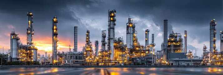 Naklejka premium Industrial complex illuminated at sunset showcasing infrastructure and machinery against a dramatic sky