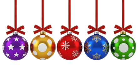 Row of colorful christmas balls with ribbons isolated on transparent background