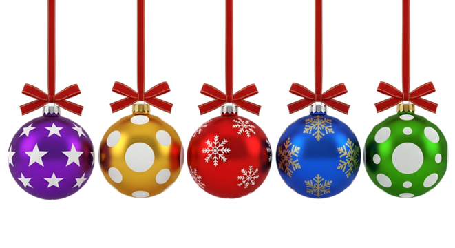 Row of colorful christmas balls with ribbons isolated on transparent background