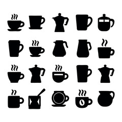 Collection of black coffee cup and pot silhouettes