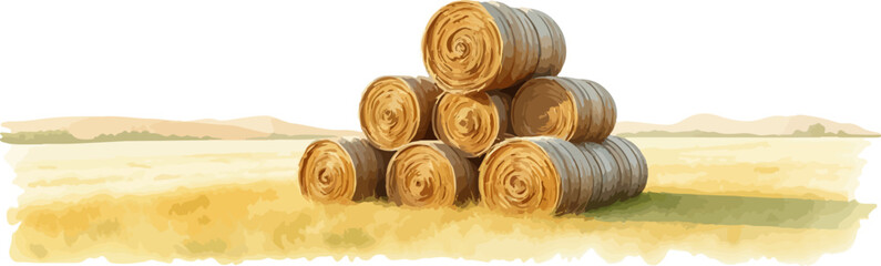 Watercolor vector illustration a haystack in a field.