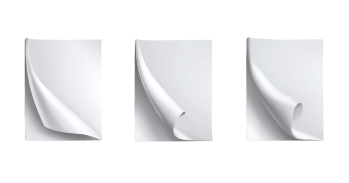 Three White Paper Sheets with Curled Corners on Black isolated on a transparent background
