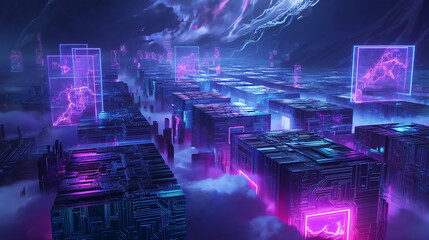 Digital fortress with floating neon energy shields, high-tech protective barriers, glowing cyber environment, advanced network defense, futuristic secure stronghold, luminous data flows