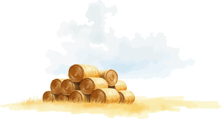 Watercolor vector illustration a haystack in a field.