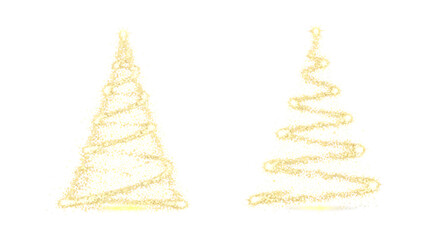 Two christmas tree made of golden glitter isolated on transparent background for decoration