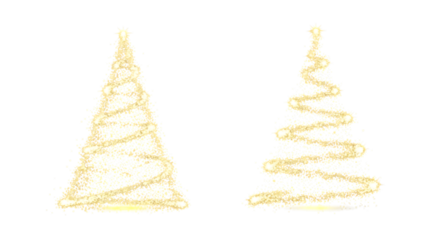 Two christmas tree made of golden glitter isolated on transparent background for decoration