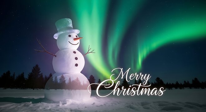 A cheerful snowman stands under the mesmerizing aurora borealis, creating a magical christmas scene with a merry christmas message