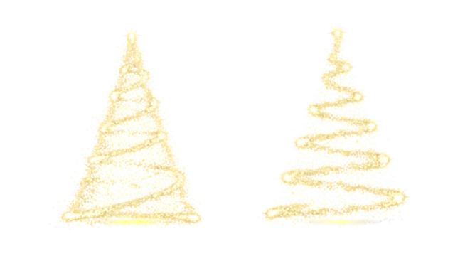 Two christmas tree made of golden glitter isolated on transparent background for decoration