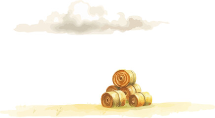 Watercolor vector illustration a haystack in a field.