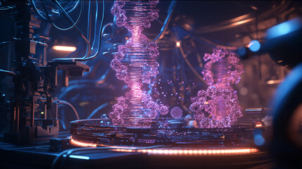 Advanced genetic lab with floating holographic DNA strands, glowing molecular networks, high-tech biotechnology environment, luminous cellular patterns, futuristic lab scene