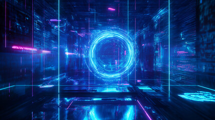 Data streams flowing through holographic shields, futuristic digital environment, glowing neon energy, high-tech cyber network, protective barriers, secure network visualization, floating energy flows