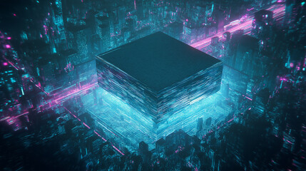 Holographic firewall surrounded by floating streams of glowing data, high-tech digital defense, futuristic cyber environment, neon energy flows, protective barriers, secure network visualization