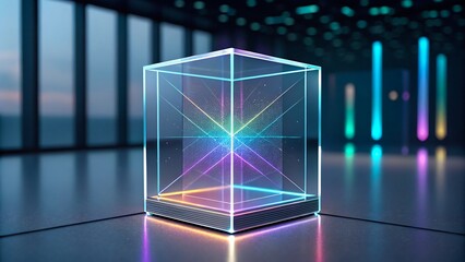 Futuristic glowing glass cube with neon light reflections in modern space
