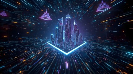 Futuristic Neon Microchip City &ndash; Abstract Technology Background
