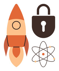 Rocket blasting off, secured padlock, and atom with orbiting electrons highlight innovation, safety, and scientific discovery. Ideal for technology, research, education, innovation security