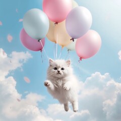 Adorable Fantasy Portrait of Fluffy White Kitten Floating with Pastel Balloons in Dreamy Magical Sky