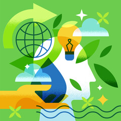 Head with water drop, globe, hand, light bulb, leaves. Vector concept for environment, sustainability, eco green ideas