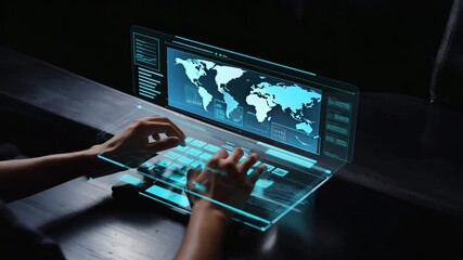 Person Typing on a Futuristic Holographic Computer Interface. - Powered by Adobe