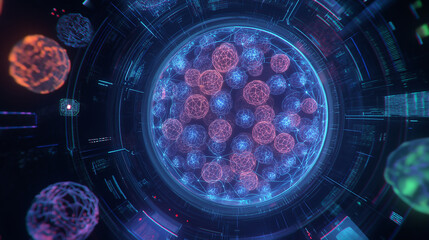Futuristic DNA editing chamber with luminous cellular patterns, glowing double helix strands, floating molecular structures, high-tech genetic environment, advanced biotechnology scene, futuristic lab