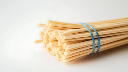 Bundle of Noodles: A close-up showcases a bundle of uncooked noodles held together by blue rubber bands, ready for a culinary adventure on a pristine white surface.
