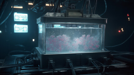 Bioreactor filled with luminous cellular structures, floating DNA strands, high-tech biotechnology environment, advanced genetic networks, glowing molecular patterns, futuristic lab setting