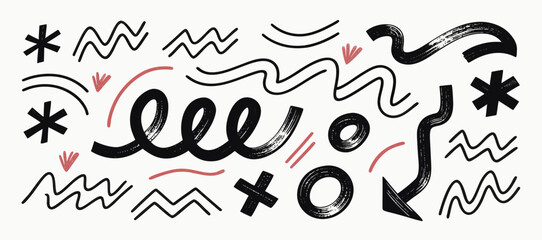 Abstract Hand-Drawn Doodle Shapes: Black & Red Swirls, Lines, and Symbols