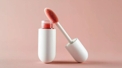 White and gold makeup brushes with an eye dropper bottle on a pink background