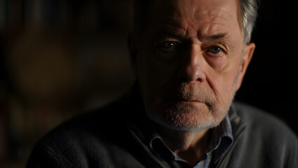 Fototapeta premium Elderly man with serious expression sitting indoors in dim light 
