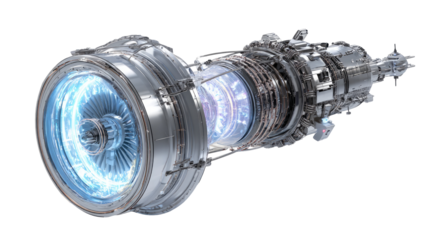 High-tech jet engine, detailed close-up view.  Shiny metallic parts, glowing blue accents, intricate internal components are visible.  Powerful, futuristic design