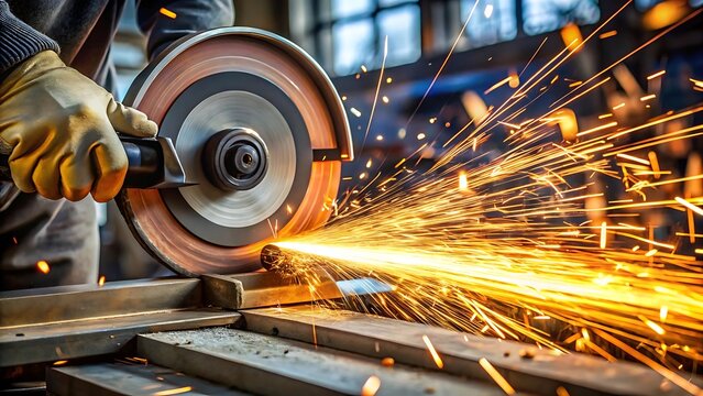 Metal worker using a grinder with sparks flying in a workshop environment