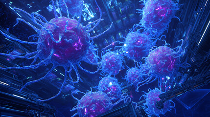 Cyber-biological hybrid cells with neon energy flow, glowing molecular structures, futuristic cellular environment, advanced biotechnology, floating DNA strands, luminous genetic patterns