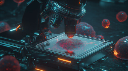 Advanced nano-robots repairing cells in a futuristic biotechnology lab, glowing molecular networks, high-tech genetic environment, floating DNA strands, luminous cellular patterns