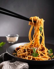 Spicy spaghetti being lifted with chopsticks
