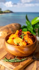 Spicy sweet potato dish on a beach