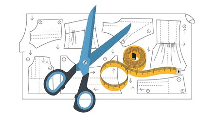 Sewing Pattern Sheet Vector Illustration with Tools