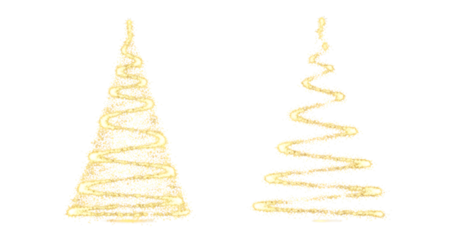 Two golden christmas trees isolated on transparent background, festive and elegant design