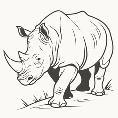 Obraz premium Majestic rhinoceros walking with powerful stride across textured ground, bold linework conveying strength and wild nature, perfect for conservation or safari themes