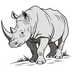 Obraz premium Majestic rhinoceros with powerful horn stands stoically on grassy terrain showcasing its impressive strength and wild nature, perfect for conservation or safari themes