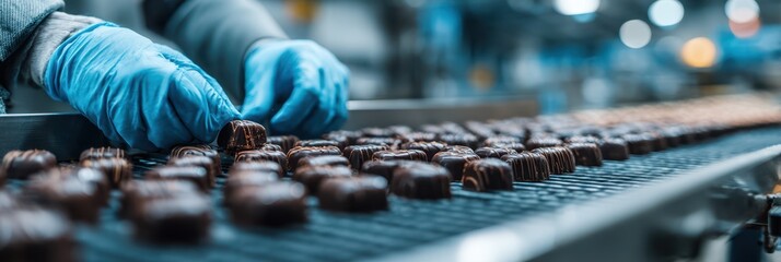 Workers carefully arrange chocolates on a conveyor belt in a factory during a production shift