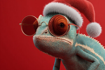 Festive chameleon wearing sunglasses and Santa hat on red background