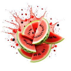 Juicy watermelon slices splash, summer fruit, red background, advertising