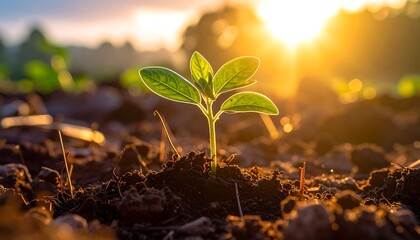 A seedling emerges from dark soil, illuminated by a golden sunrise. Lush leaves unfurl against blurred fields and a bright sky