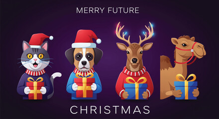 Cute animals in Christmas sweaters holding gifts, Merry Future Christmas. Festive illustration of a cat, dog, reindeer, and camel, each wearing a Christmas sweater and Santa hat.