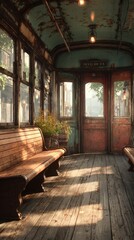 Rustic interior of an old tram showcasing vintage wooden benches and warm sunlight filtering through large windows